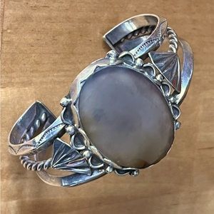 Old Pawn Sterling and smoky agate cuff bracelet. 47 grams. 6-1/4 x 1-1/2.